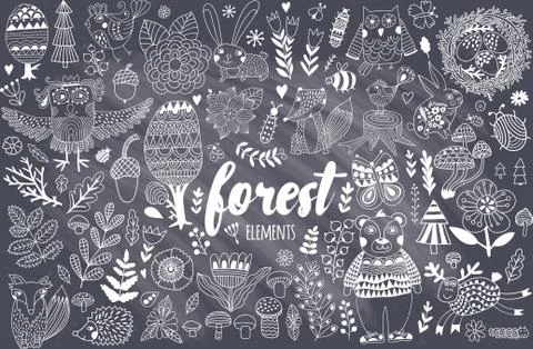 Vector forest elements in doodle childish style Stock Illustration