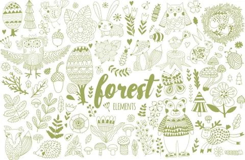 Vector forest elements in doodle childish style Stock Illustration