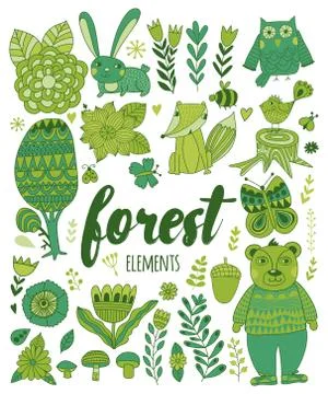Vector forest elements in doodle childish style Stock Illustration