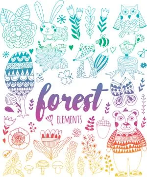 Vector forest elements in doodle childish style Stock Illustration
