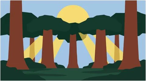Vector forest scene with sunbeams filtering through trees sunbeams woodland Stock Illustration