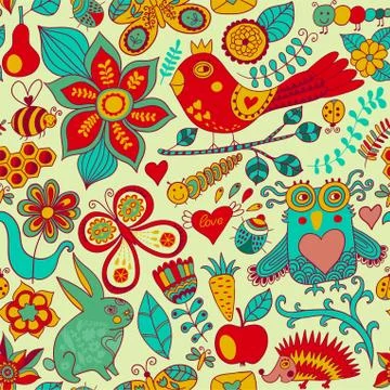 Vector forest seamless pattern. floral background.owl, rabbit, butterfly, hed Stock Illustration