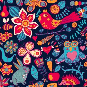 Vector forest seamless pattern. floral background.owl, rabbit, butterfly, hed Illustrazione stock