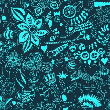 Vector forest seamless pattern. floral background.owl, rabbit, butterfly, hed Stock Illustration