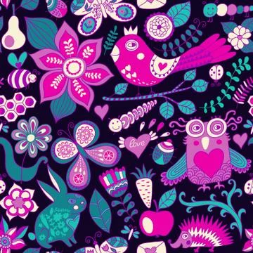 Vector forest seamless pattern. floral background.owl, rabbit, butterfly, hed Stock Illustration