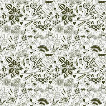 Vector forest seamless pattern. floral background.owl, rabbit, butterfly, hed Stock Illustration