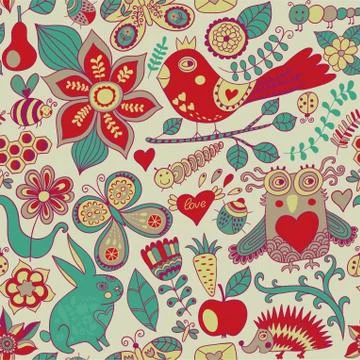 Vector forest seamless pattern. floral background.owl, rabbit, butterfly, hed Illustrazione stock