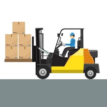 Vector Forklift with its driver man mock up side view. Solid and flat color Stock Illustration