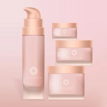 Vector Foundation, Cream and Mask Frosted Glass or Plastic Jar &amp; Pump Bottle Set Stock Illustration