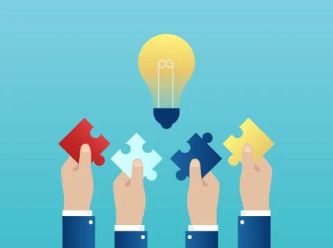 Vector of four hands together reaching out with puzzle pieces having a succes Stock Illustration
