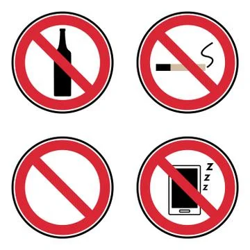 Vector four red and black prohibited symbols isolated on white background Stock Illustration