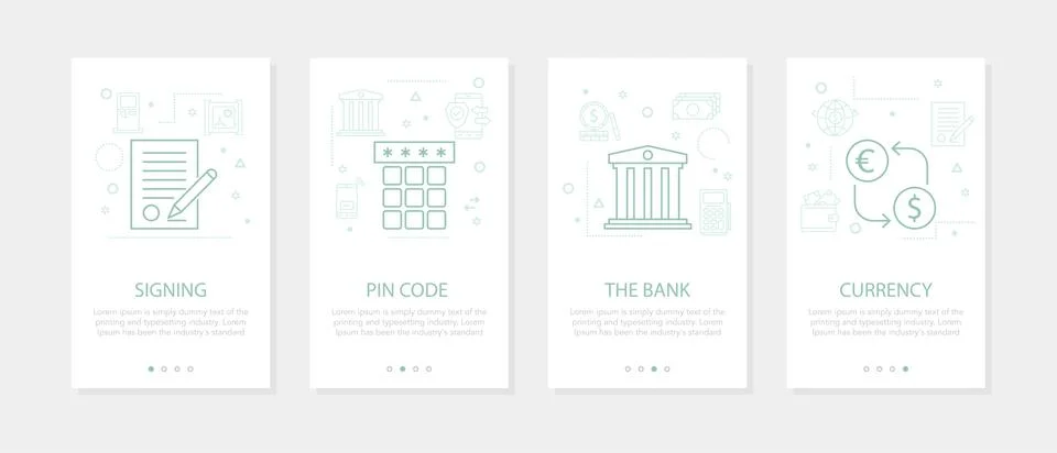 Vector four vertical banners - banking and financial - currency, bank Stock Illustration