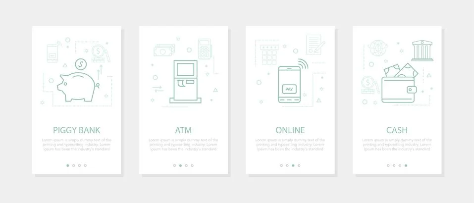Vector four vertical banners - banking and financial - piggy bank, atm Stock Illustration