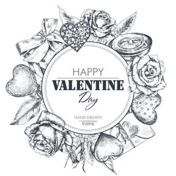 Vector frame with beautiful flowers and holiday simbols in graphic style. Stock Illustration