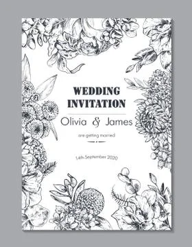 Vector frame with beautiful hand drawn flowers in graphic sketch style. Stock Illustration