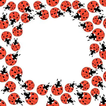 Vector frame, border from bright red ladybugs in doodle flat style. Simple ba Stock Illustration