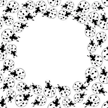 Vector frame, border from contoured cute ladybugs in doodle style. Simple bac Stock Illustration