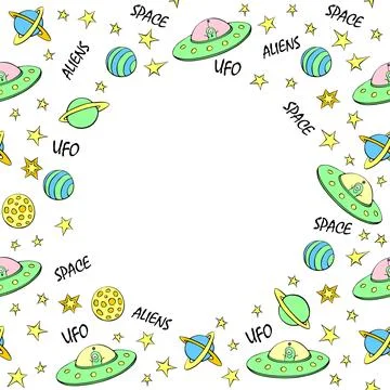 Vector frame, border from cute aliens, planets, space doodles, lettering, Fly Stock Illustration