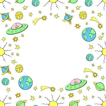 Vector frame, border from cute aliens, planets, stars, Flying Saucers, UFO... Stock Illustration