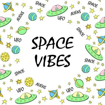 Vector frame, border from cute aliens, planets, stars, Flying Saucers, UFO... Stock Illustration