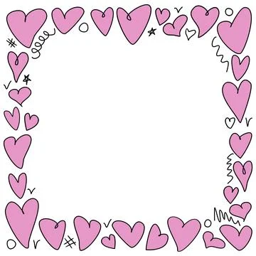 Vector frame, border from hand drawn pink outline hearts. Simple freehand s.. Stock Illustration