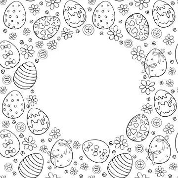 Vector frame, border from outline ornamental easter eggs, flowers. Simple spr 库存插图