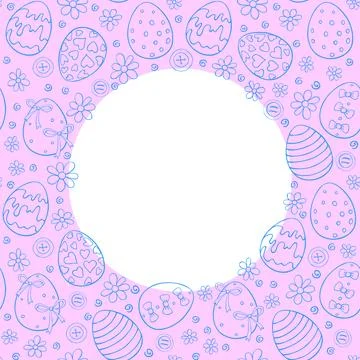 Vector frame, border from outline ornamental easter eggs, flowers. Simple spr Stock Illustration