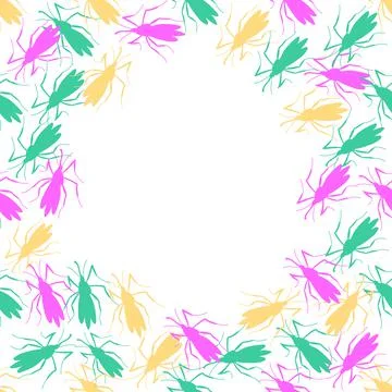 Vector frame, border from pink, green, yellow small mosquitoes, moths or beet Illustrazione stock