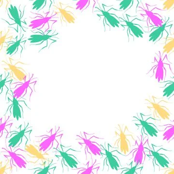 Vector frame, border from pink, green, yellow small mosquitoes, moths or beet Illustrazione stock