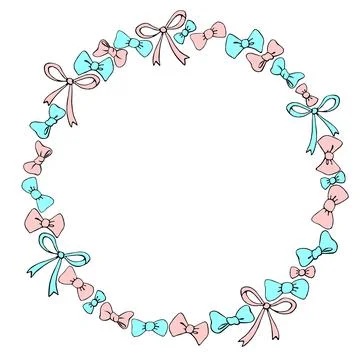 Vector frame, border, wreath from blue pink bows, ribbons. Simple background, Illustrazione stock