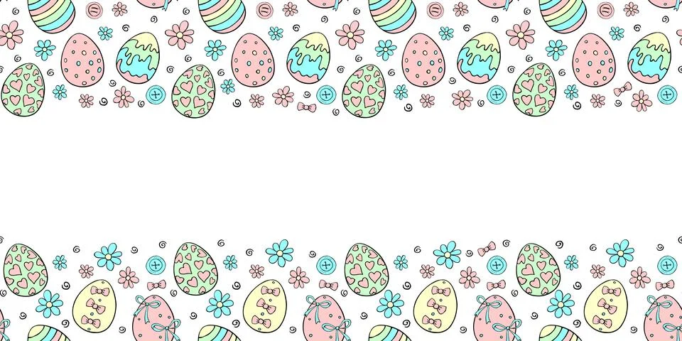 Vector frame, borders with color ornamental easter eggs, flowers. Horizontal  Stock Illustration