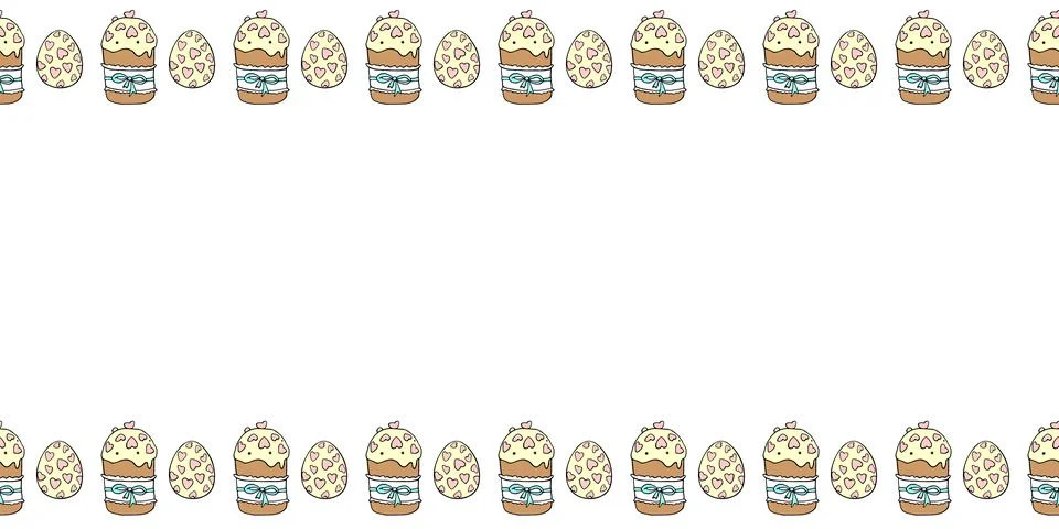 Vector frame, borders with color outline Easter cakes and eggs. Horizontal to Stock Illustration