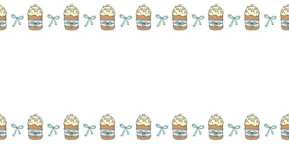 Vector frame, borders with color outline bows, Easter cakes. Horizontal top a Stock Illustration