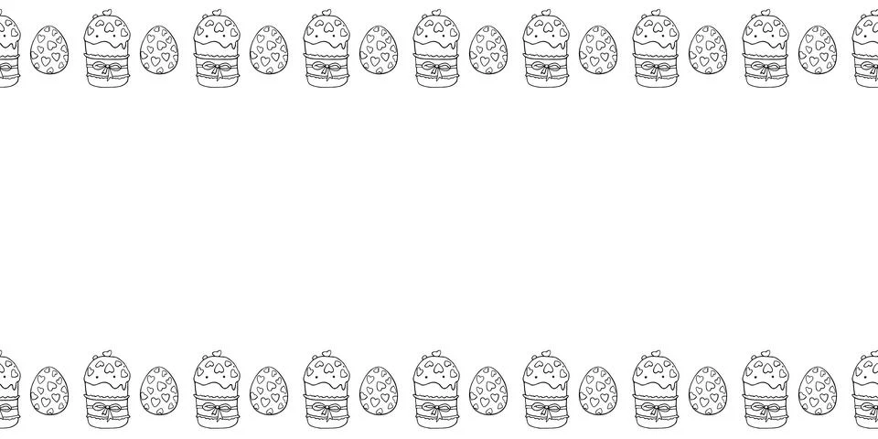 Vector frame, borders with outline outline Easter cakes and eggs. Horizontal  Stock Illustration