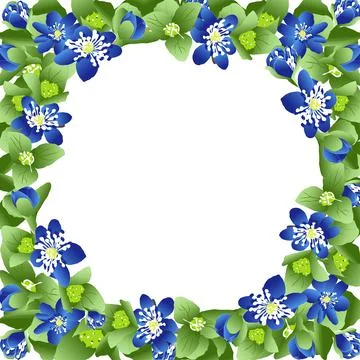 Vector frame of bright blue flowers and green leaves Stock Illustration