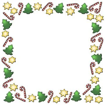 Vector frame of candy canes, stars, Christmas trees. New year Xmas background Stock Illustration