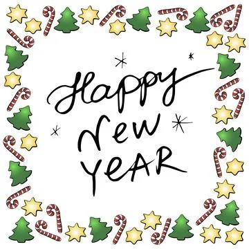 Vector frame of candy canes, stars, Christmas trees. Happy New Year lettering 库存插图