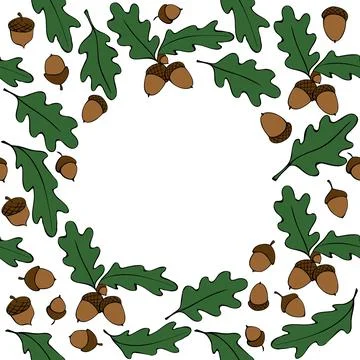 Vector frame of color oak leaves and acorns. Background, border in doodle fla Stock Illustration