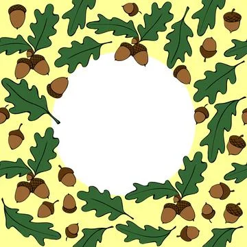 Vector frame of color oak leaves and acorns. Background, border in doodle fla Stock Illustration