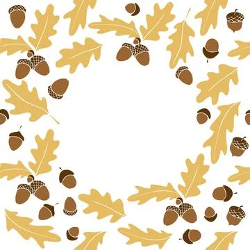 Vector frame of color oak leaves and acorns. Background, border in flat style Stock Illustration