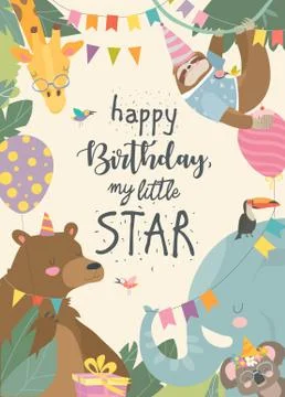 Vector frame with cute animals celebrating Birthday Stock Illustration