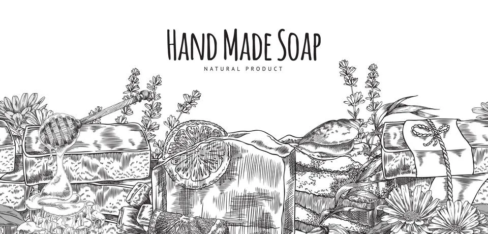 Vector frame design with handmade soap. Sketch drawn by hand. 스톡 일러스트