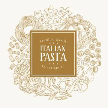 Vector frame with different types of traditional Italian pasta. Hand drawn Stock Illustration