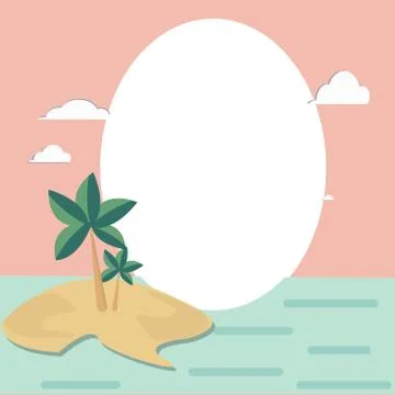 Vector frame in flat design with island, palm trees, ocean, sky in sunset Stock Illustration