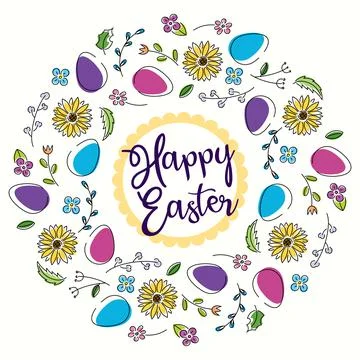 Vector frame of flowers and eggs. Happy Easter. Cottage core, fairy core Stock Illustration