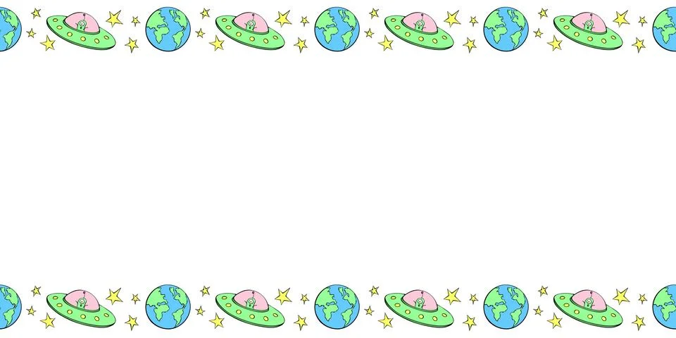 Vector frame from Flying Saucers with cute aliens, the Earth and stars in d.. Stock Illustration