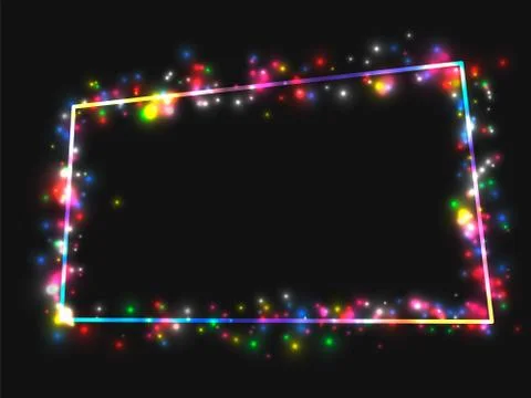 Vector frame in a frame of bright colored lights. On black background. Vector Stock Illustration