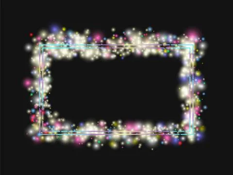 Vector frame in a frame of bright colored lights. On black background. Vector Stock Illustration