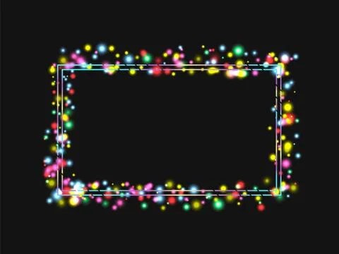 Vector frame in a frame of bright colored lights. On black background. Vector Stock Illustration