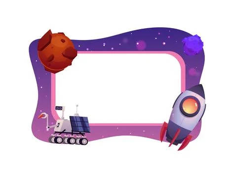 A vector frame with a futuristic spaceship, a robot explorer and a fantastic Stock Illustration